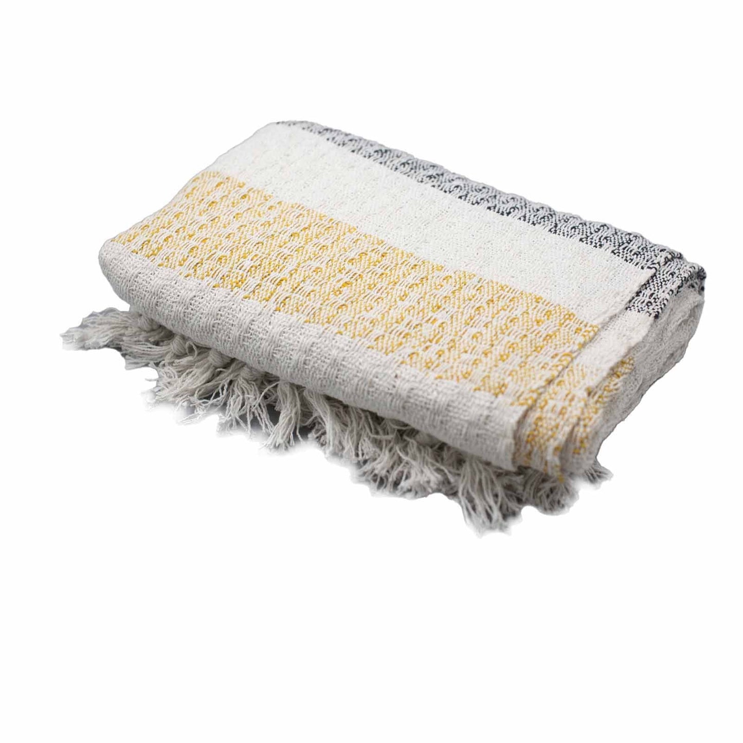 Manta boho Comfort Throw – Mellow Mattala, tejida a mano en algodón en tonos crema y amarillo, con flecos decorativos