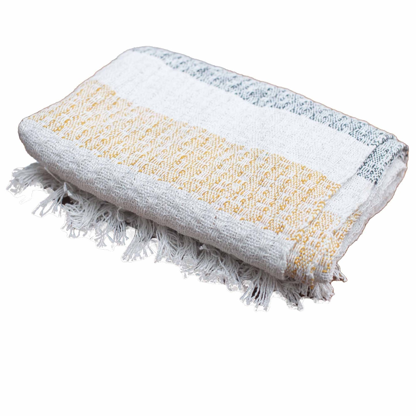 Alt Tag: Manta boho Comfort Throw – Manta de algodón tejida a mano Mellow Mattala doblada, blanca con rayas mostaza y grises, bordes con flecos