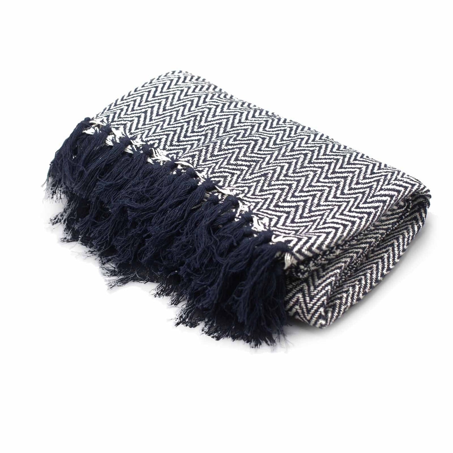Boho Comfort-pläd – handvävd pläd i bomull med marinblått sicksackmönster och franstofsar, vikt