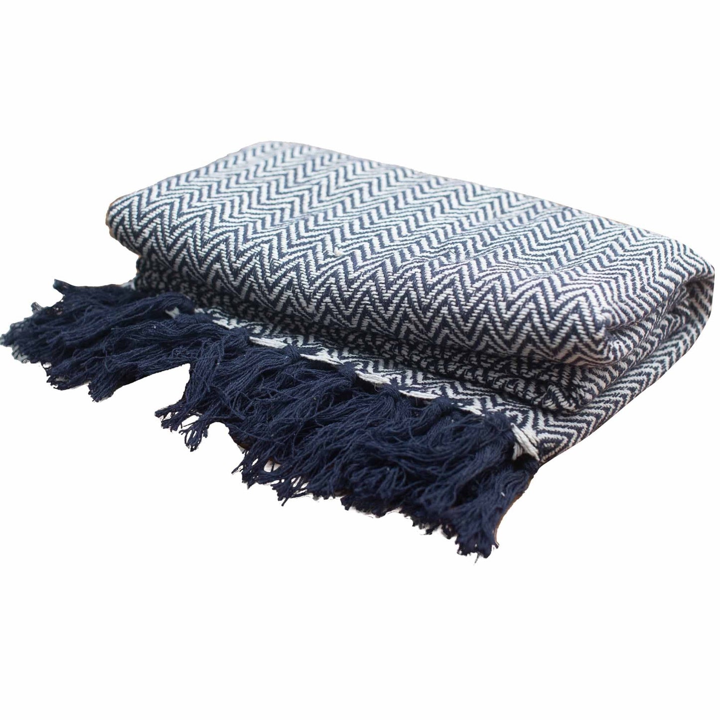 Alt Tag: Boho Comfort Throw – Marinblå pläd i vikt handvävd bomull med marinblått sicksackmönster och fransade tofsar