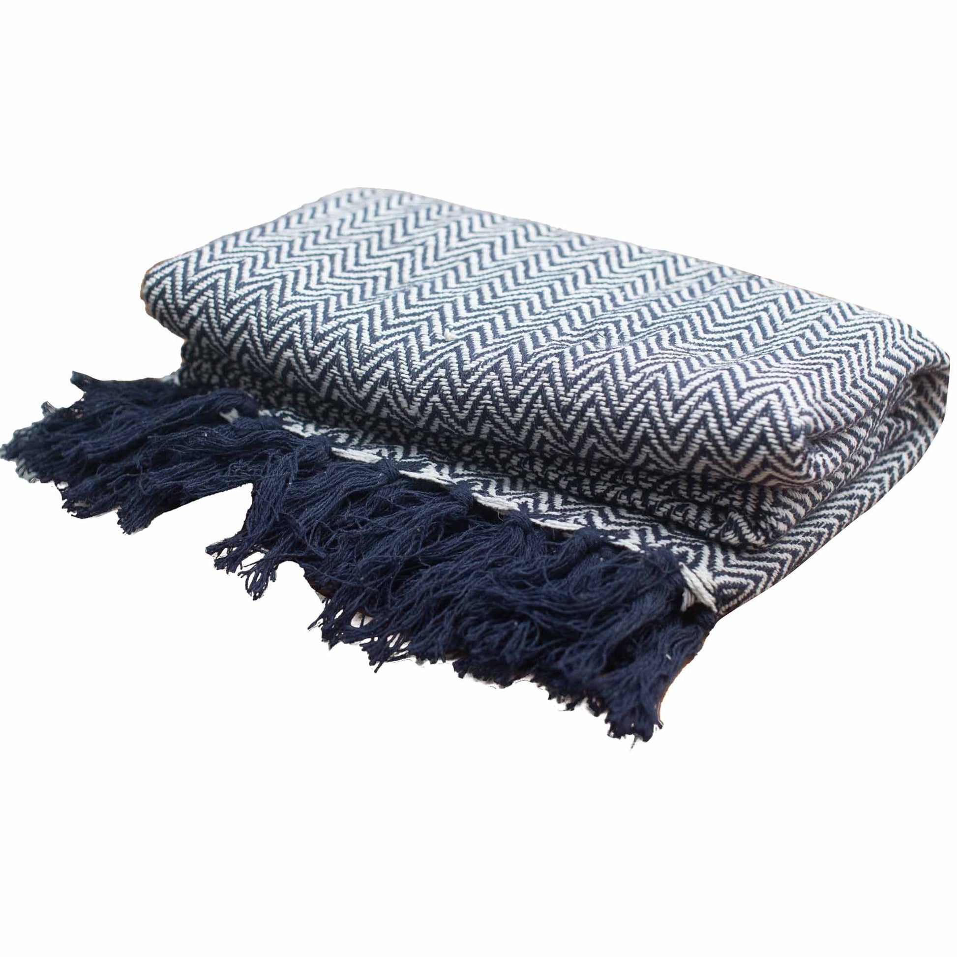 Alt Tag: Boho Comfort Throw – Marinblå pläd i vikt handvävd bomull med marinblått sicksackmönster och fransade tofsar