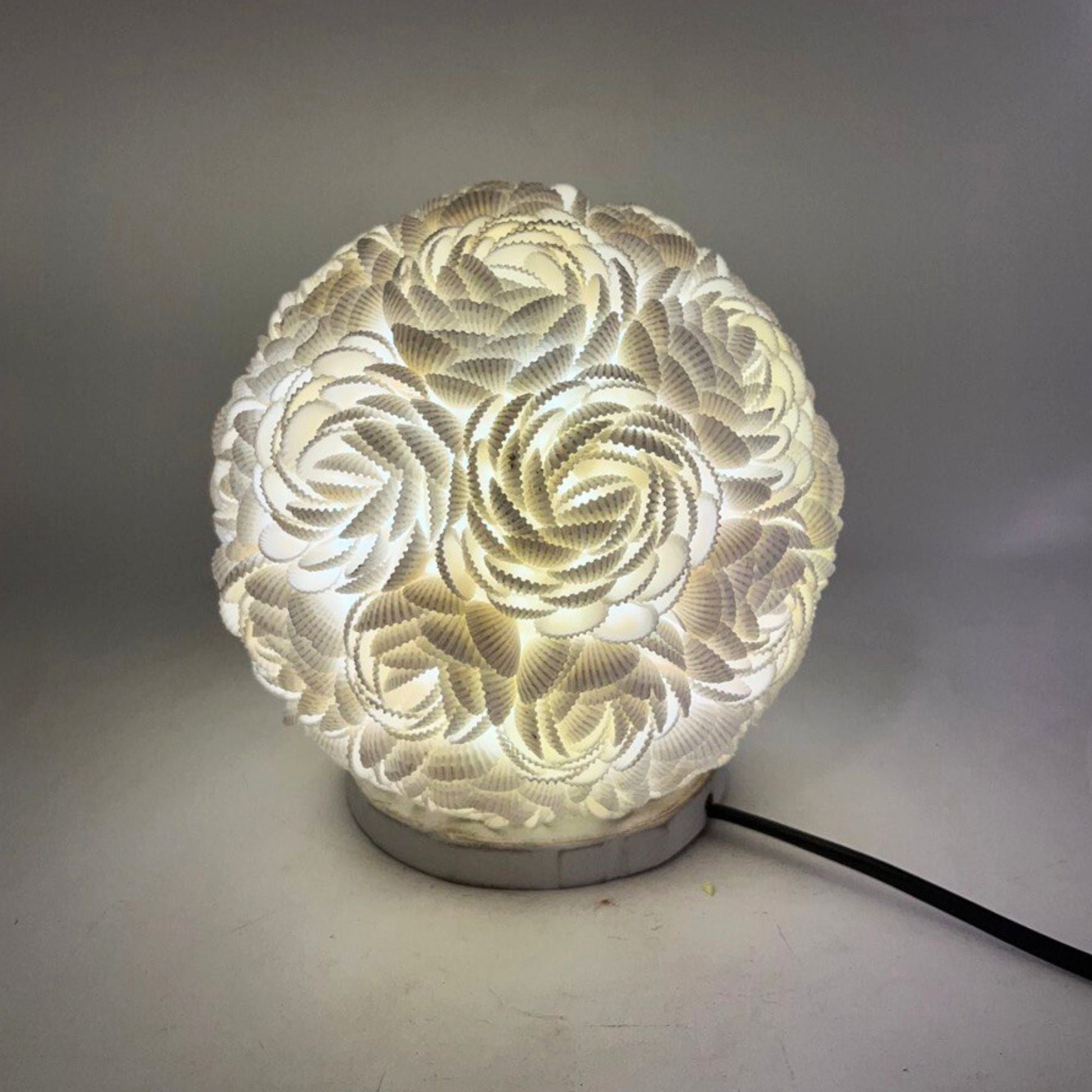 Alt Tag: Boho Sea Shell Lamp – Rose Globe (15 CM) handcrafted seashell rose sphere table lamp with warm ambient glow, coastal decor