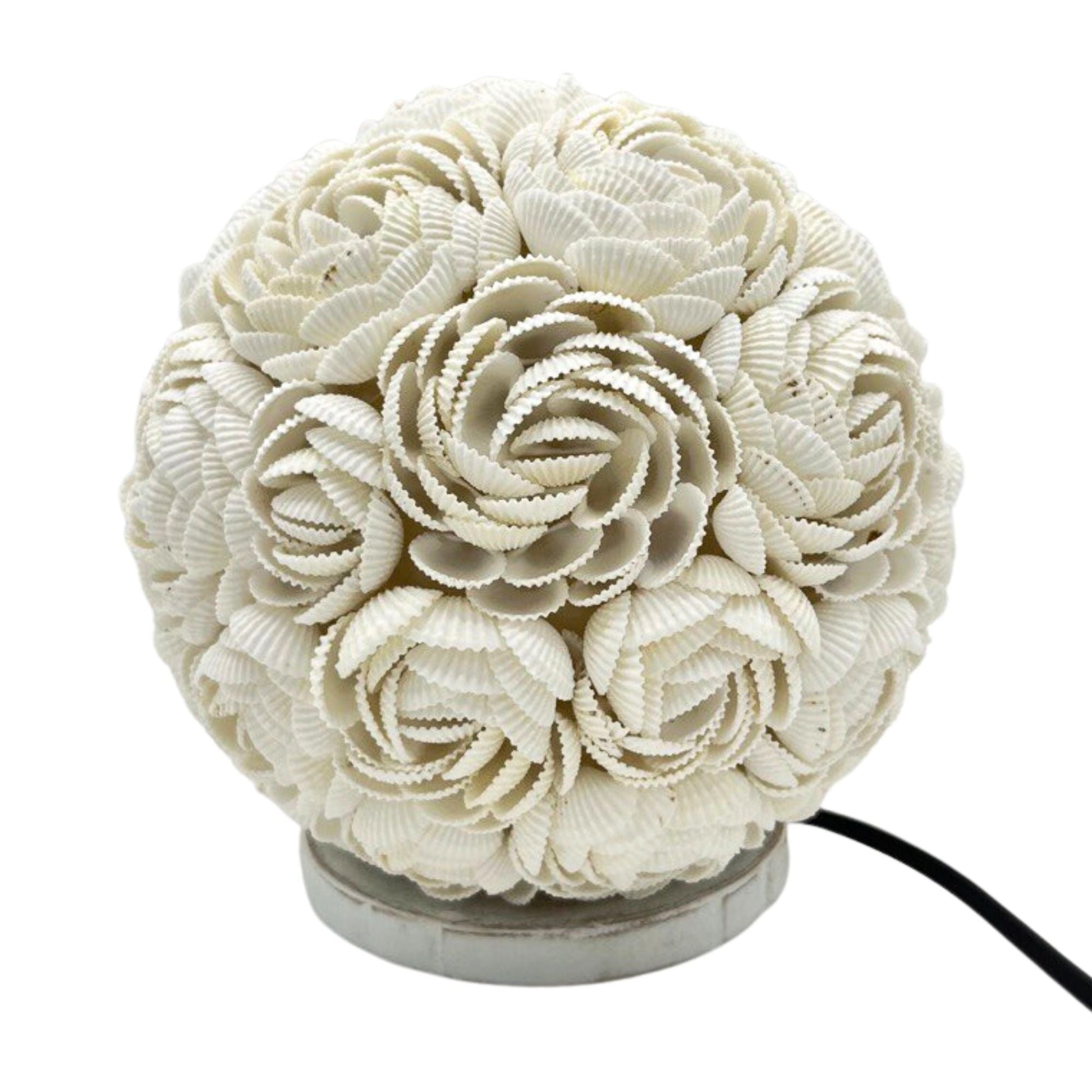 Alt Tag: Boho Sea Shell Lamp – Rose Globe (15 CM), handcrafted white seashell rose sphere lamp on base with cord