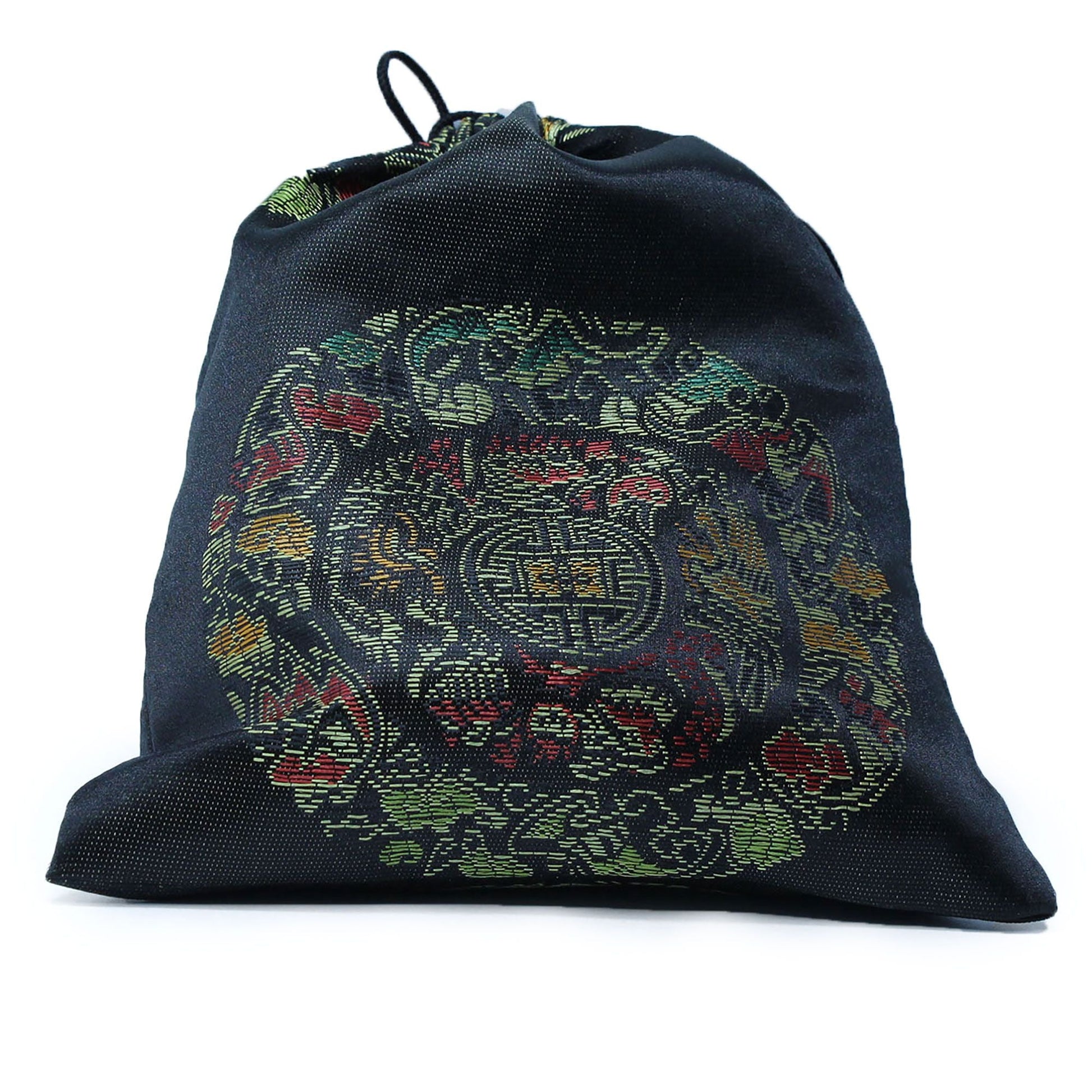Alt-Tag: Messing-Lotusblüten-Klangschalen-Set – 9x5 CM Beutel mit Kordelzug mit gesticktem Lotusmotiv, schwarzes Stoff-Accessoire
