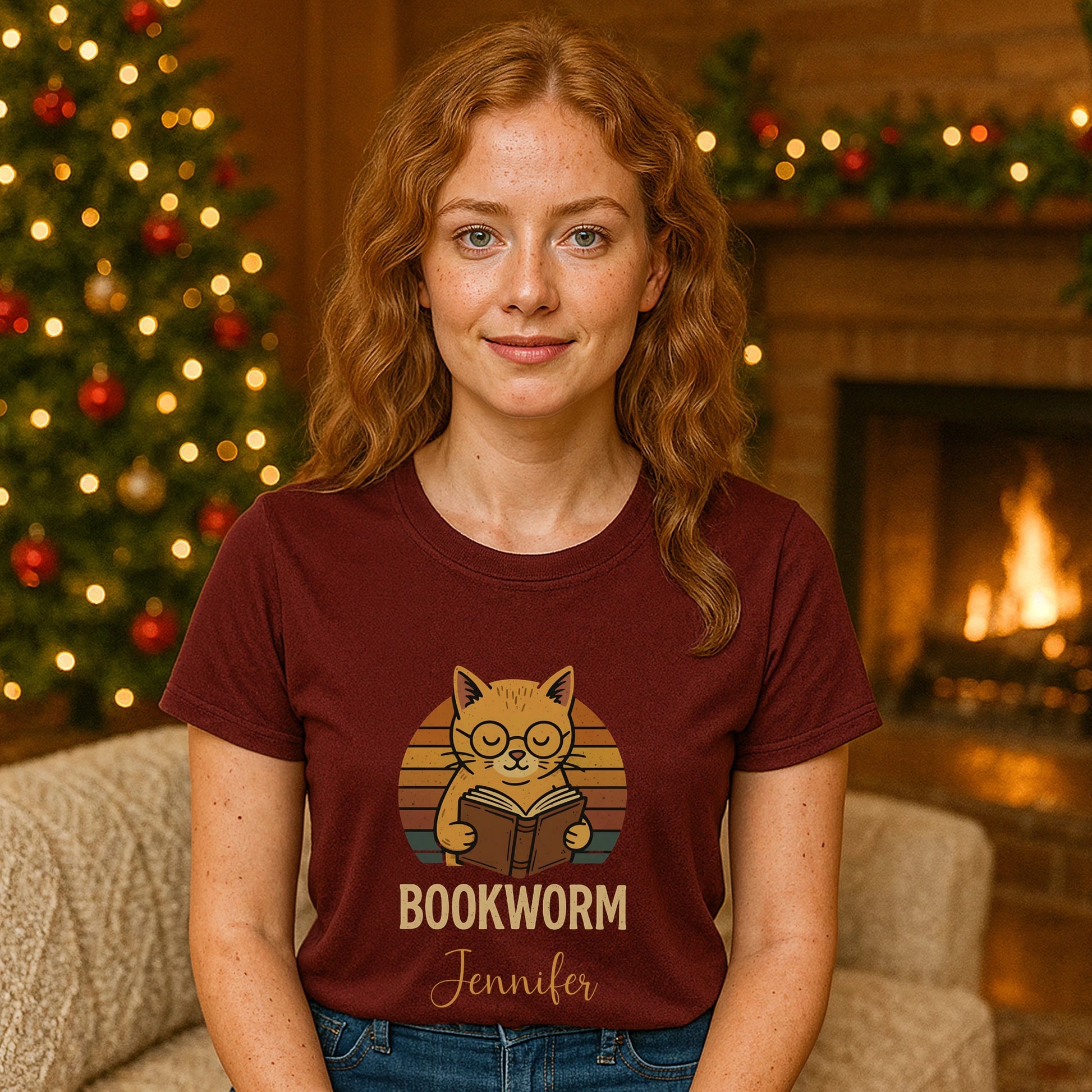 Bookworm Femenine Personalized Premium Unisex T-Shirt model wearing burgundy tee with cat reading book graphic and custom name print