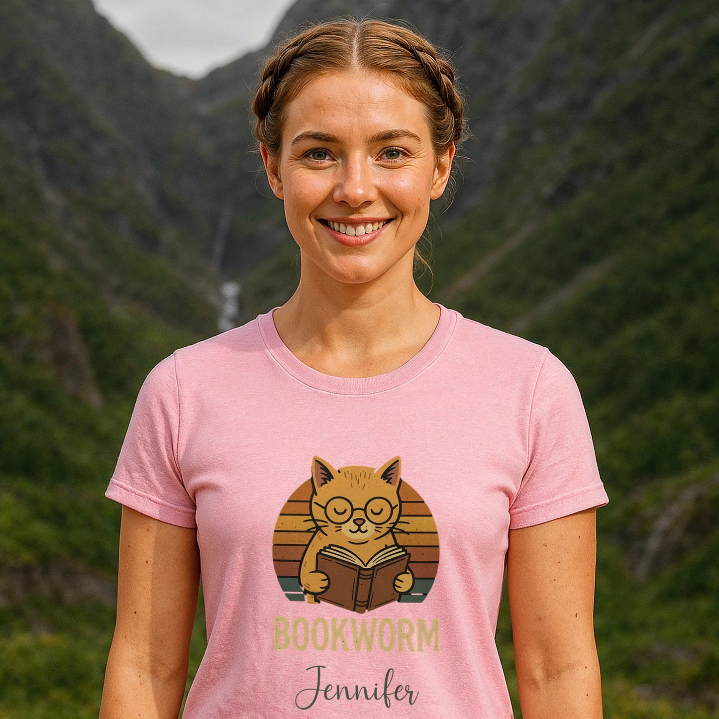 Bookworm Femenine Personalized Premium Unisex T-Shirt pink tee with bookworm cat graphic and personalized name print