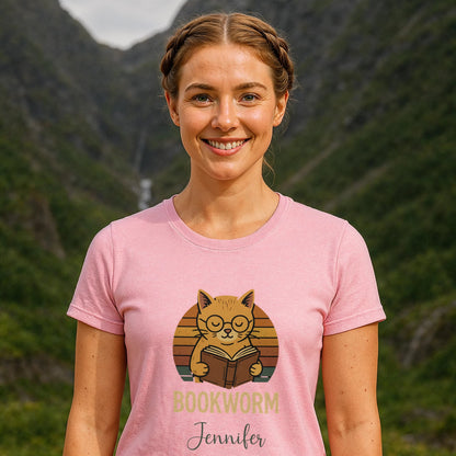 Bookworm Femenine Personalized Premium Unisex T-Shirt pink tee with bookworm cat graphic and personalized name print