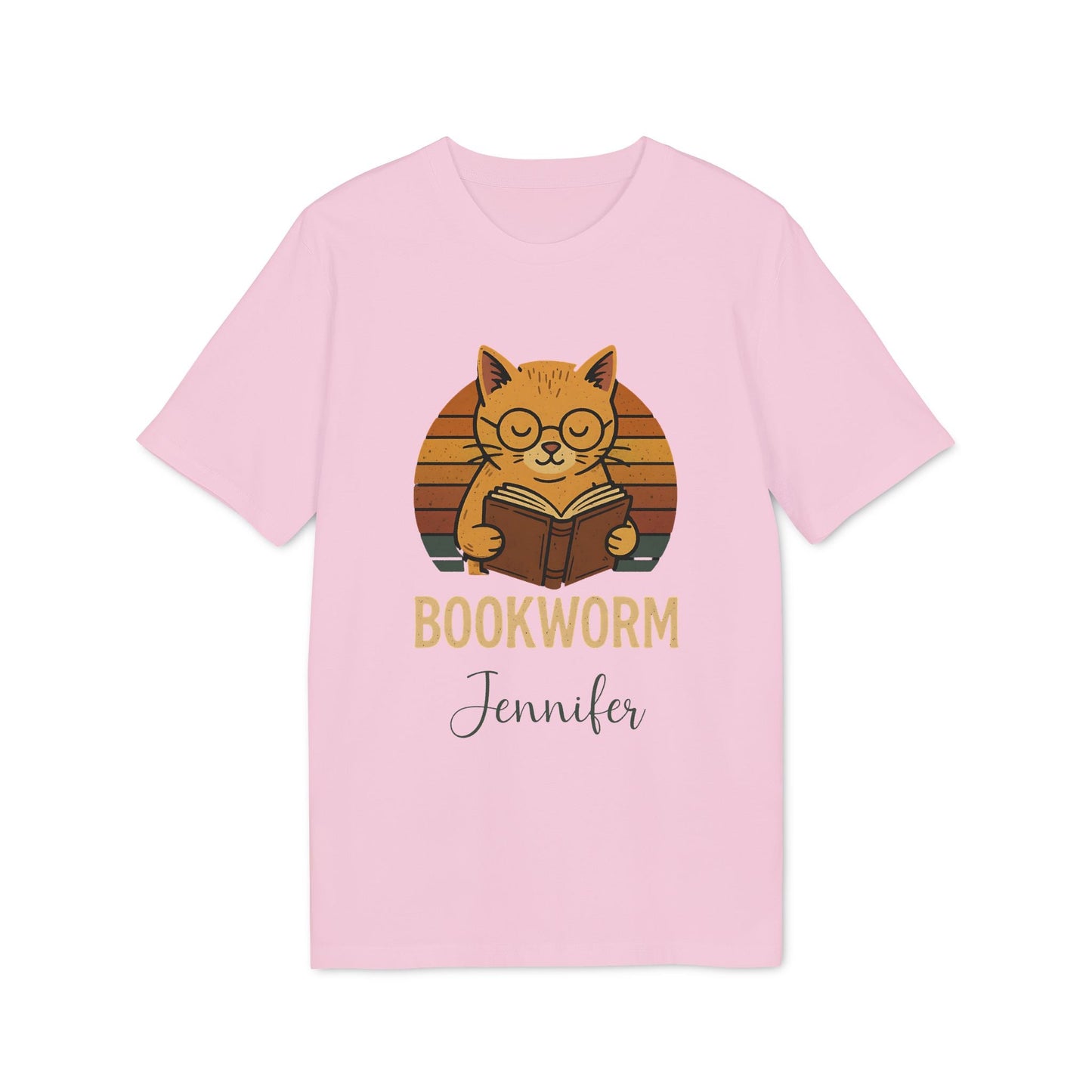 Alt Tag: Bookworm Femenine Personalized Premium Unisex T-Shirt pink tee with cat reading book graphic and personalized name Jennifer