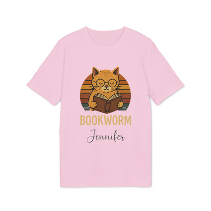 Alt Tag: Bookworm Femenine Personalized Premium Unisex T-Shirt pink tee with cat reading book graphic and personalized name Jennifer