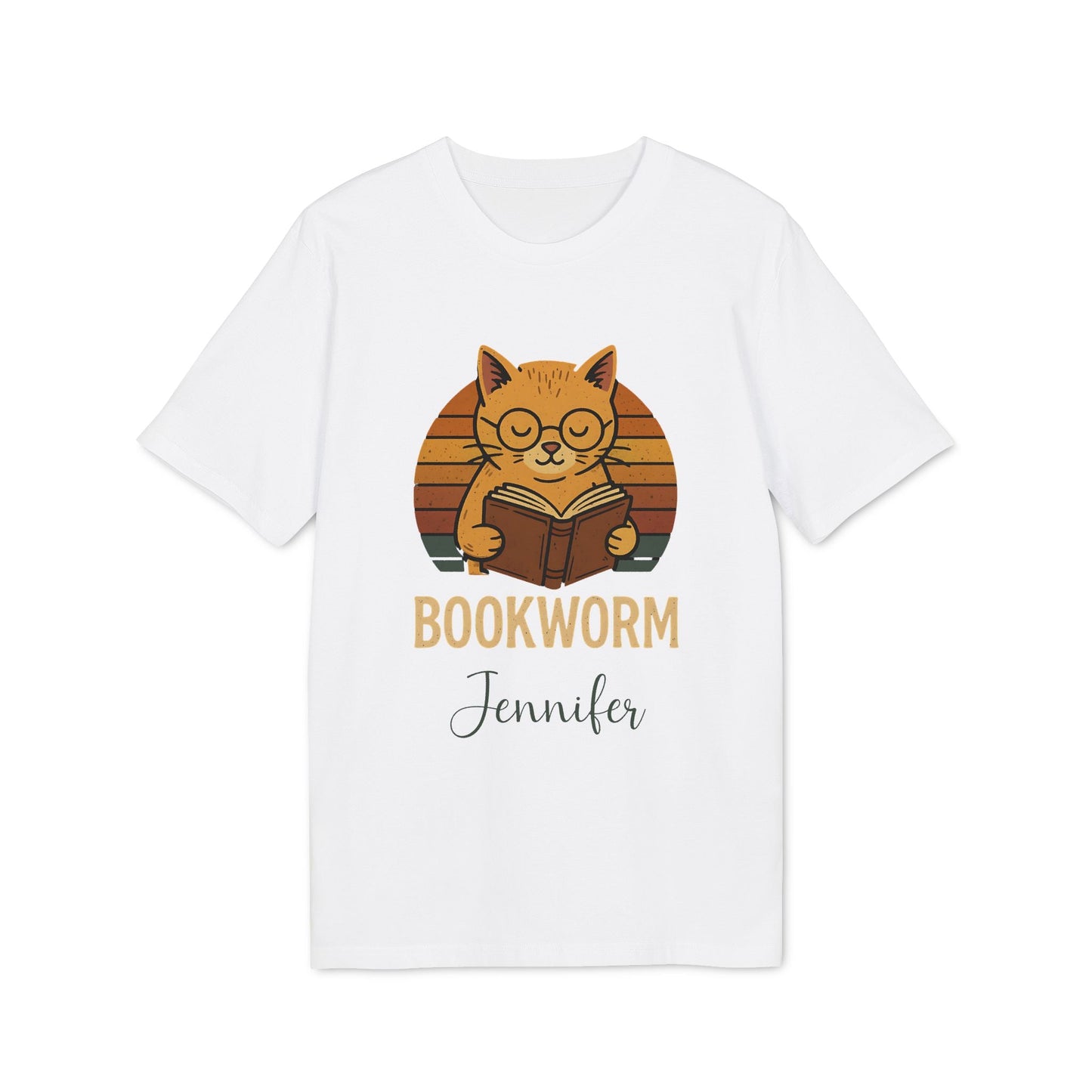 Alt Tag: Bookworm Femenine Personalized Premium Unisex T-Shirt white tee with cat reading book graphic and personalized name "Jennifer"