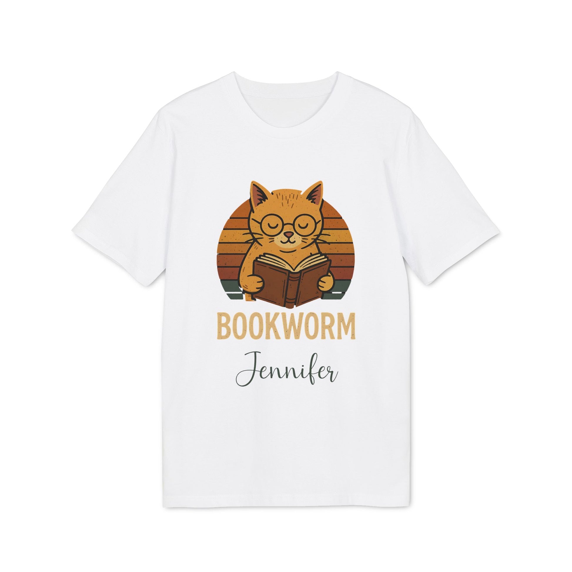 Alt Tag: Bookworm Femenine Personalized Premium Unisex T-Shirt white tee with cat reading book graphic and personalized name "Jennifer"