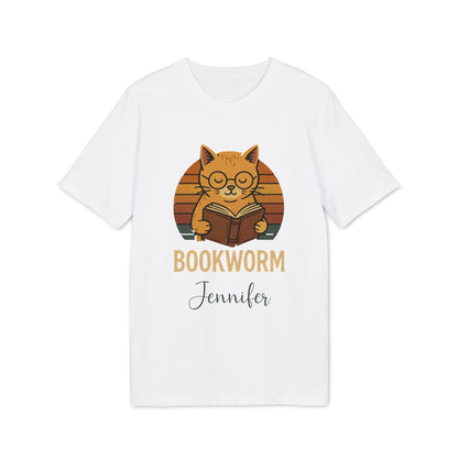 Alt Tag: Bookworm Femenine Personalized Premium Unisex T-Shirt white tee with cat reading book graphic and personalized name "Jennifer"
