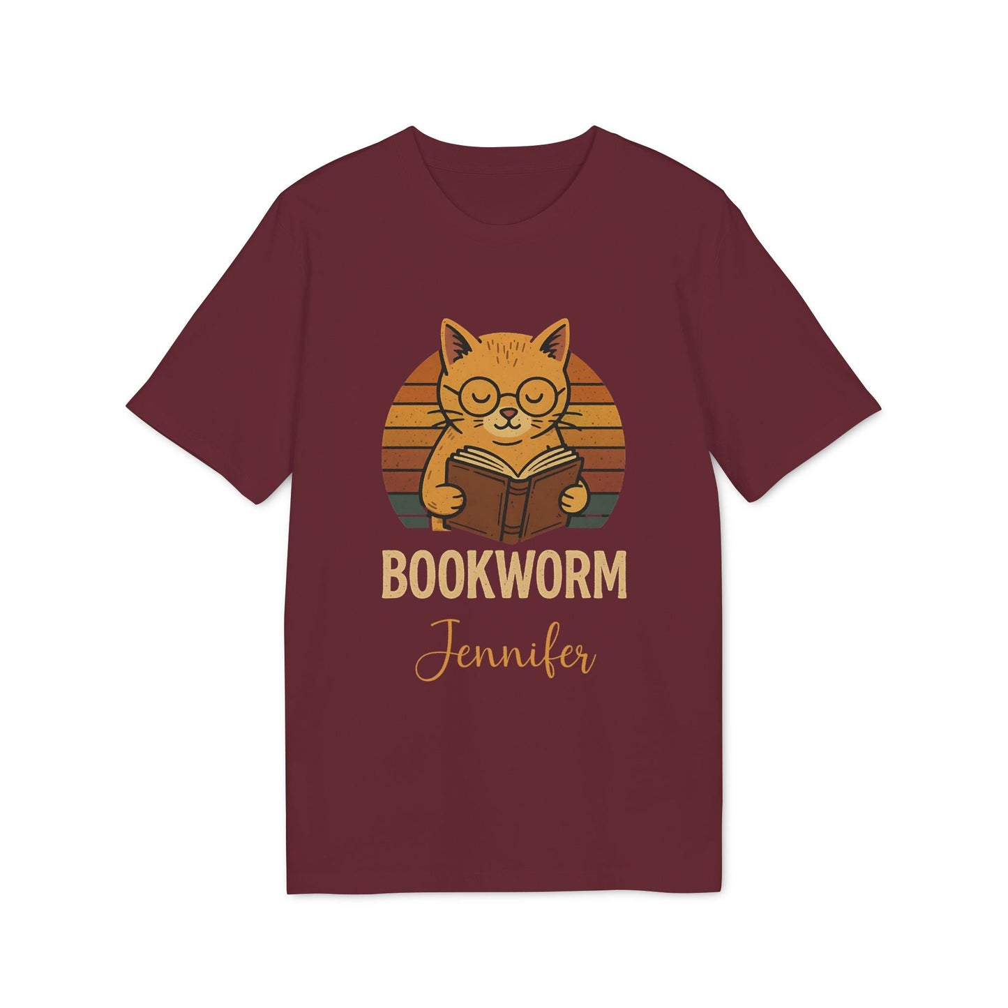 Bookworm Femenine Personalized Premium Unisex T-Shirt burdeos con gato leyendo y texto Bookworm, nombre Jennifer personalizado
