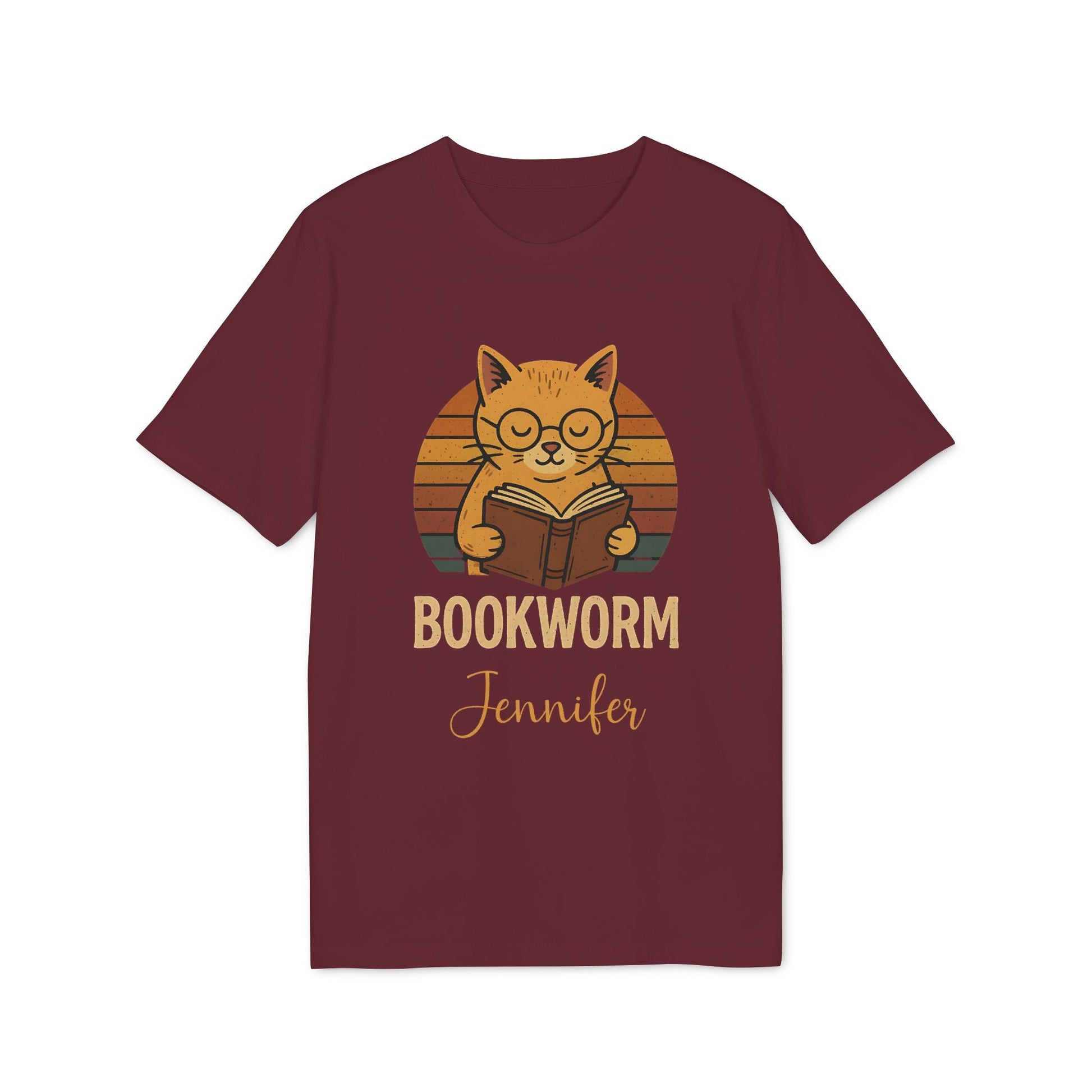 Bookworm Femenine Personalized Premium Unisex T-Shirt burdeos con gato leyendo y texto Bookworm, nombre Jennifer personalizado
