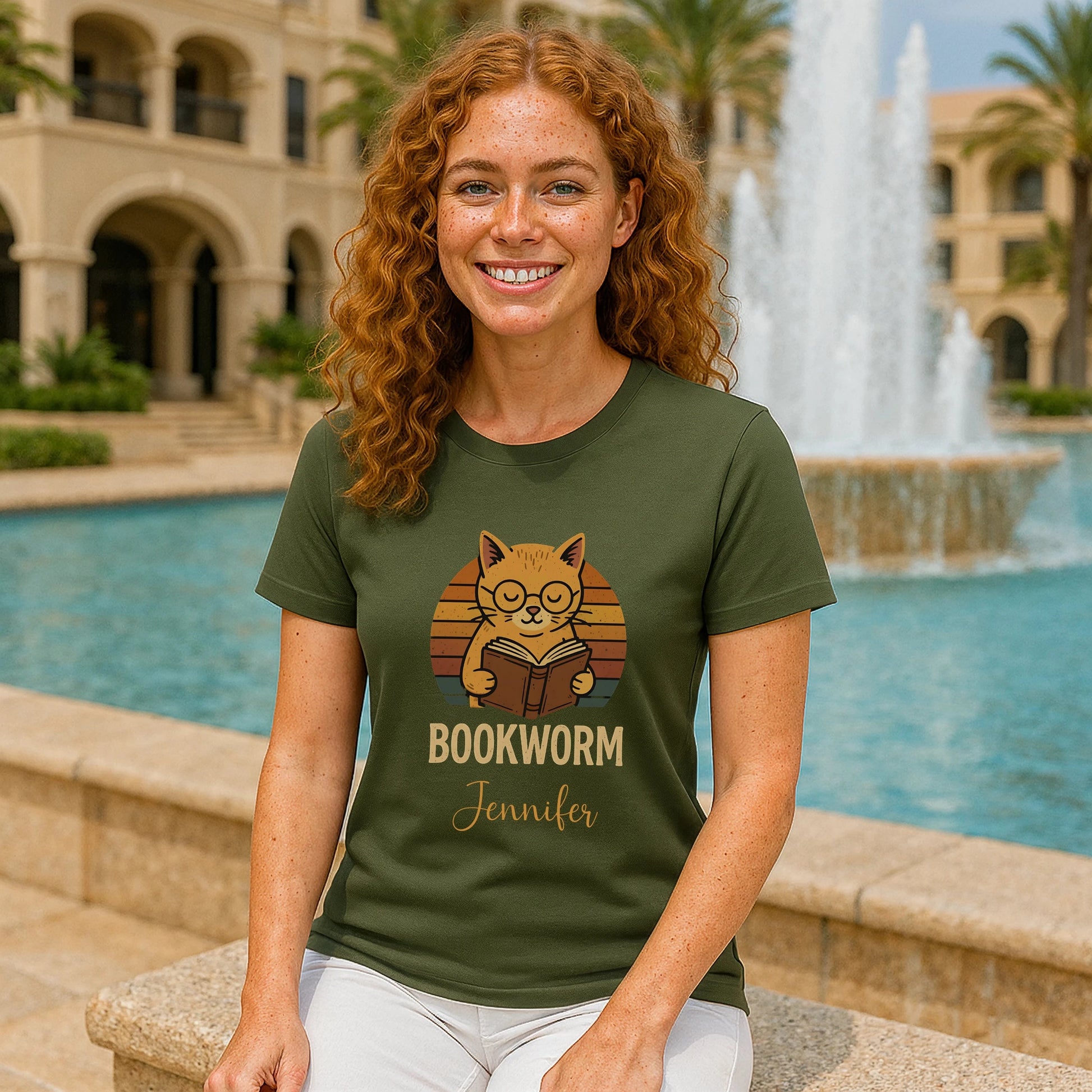 Bookworm Femenine Personalized Premium Unisex T-Shirt verde oliva con gato leyendo y nombre personalizado, modelo sentada junto a una fuente