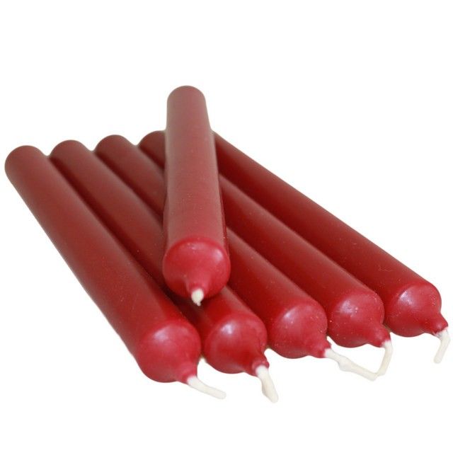 Bordeaux Taper Candles – 100 Pack rich burgundy taper candles with white wicks, stacked on white background