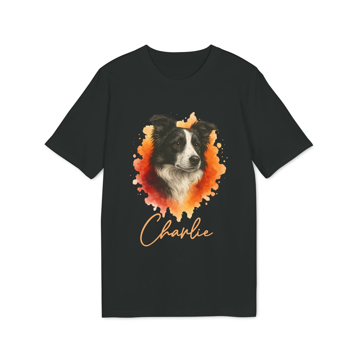 Border Collie Personalized Dog Premium Unisex T-Shirt negra con retrato de Border Collie y nombre personalizado “Charlie”