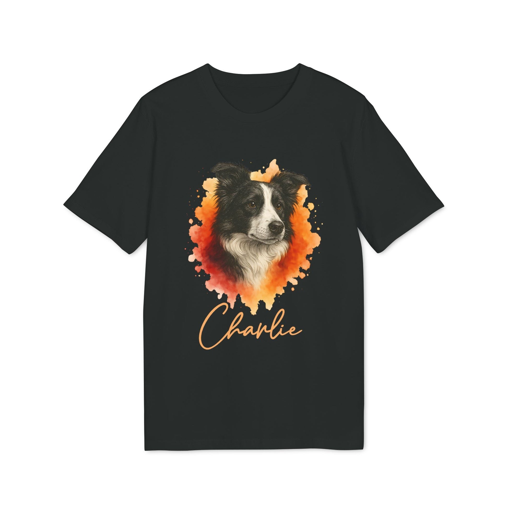 Border Collie Personalized Dog Premium Unisex T-Shirt negra con retrato de Border Collie y nombre personalizado “Charlie”