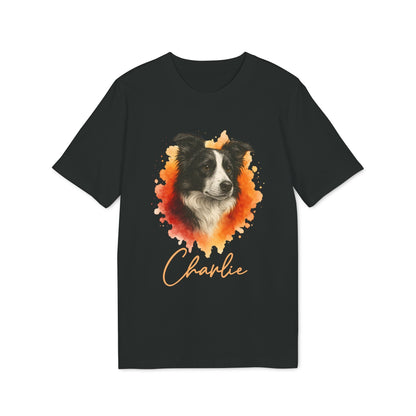 Border Collie Personalized Dog Premium Unisex T-Shirt negra con retrato de Border Collie y nombre personalizado “Charlie”