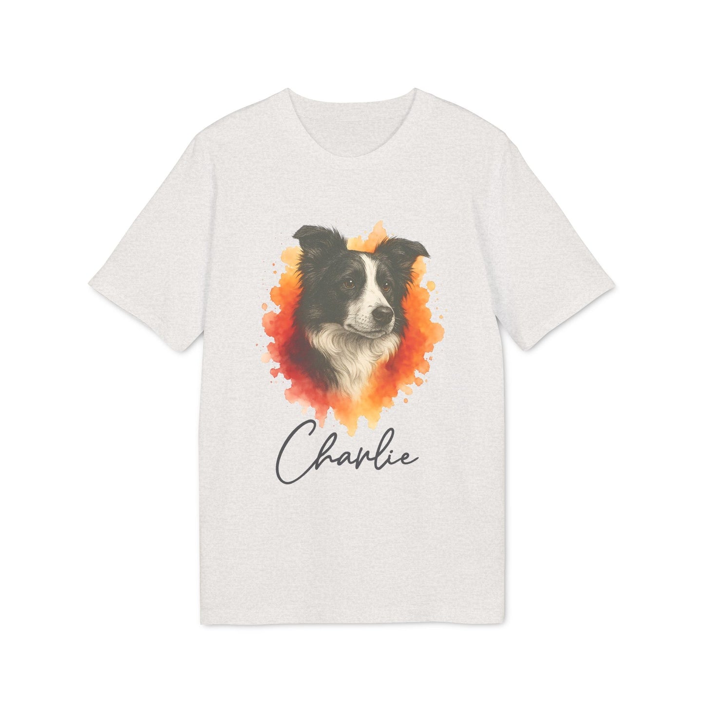 Alt Tag: Border Collie Personalized Dog Premium Unisex T-Shirt blanca con retrato de border collie y nombre personalizado “Charlie”