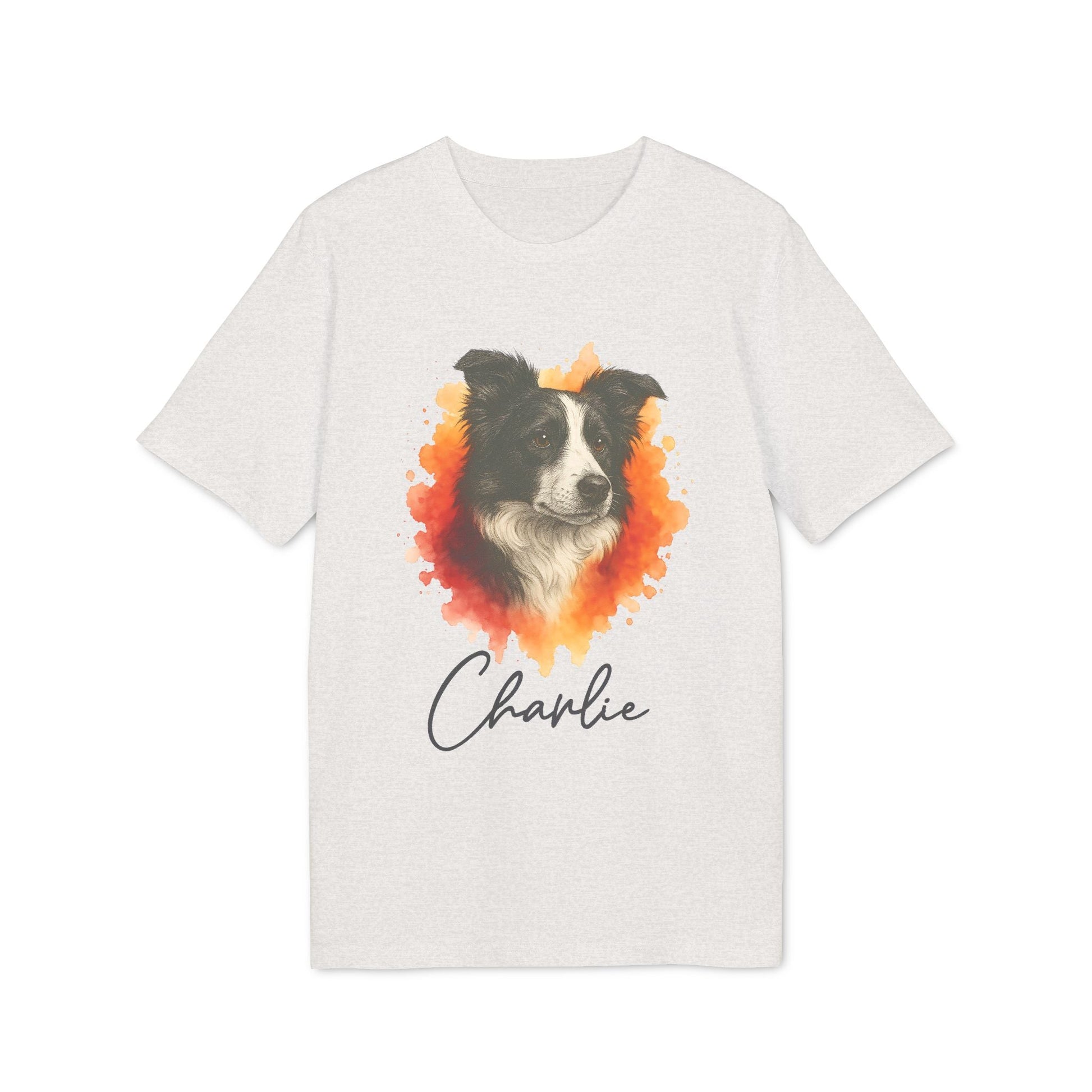 Alt Tag: Border Collie Personalized Dog Premium Unisex T-Shirt blanca con retrato de border collie y nombre personalizado “Charlie”