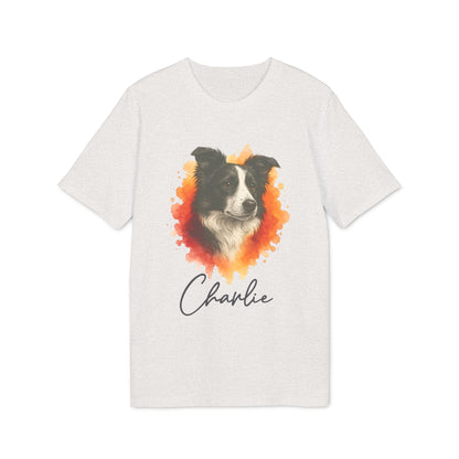 Alt Tag: Border Collie Personalized Dog Premium Unisex T-Shirt blanca con retrato de border collie y nombre personalizado “Charlie”