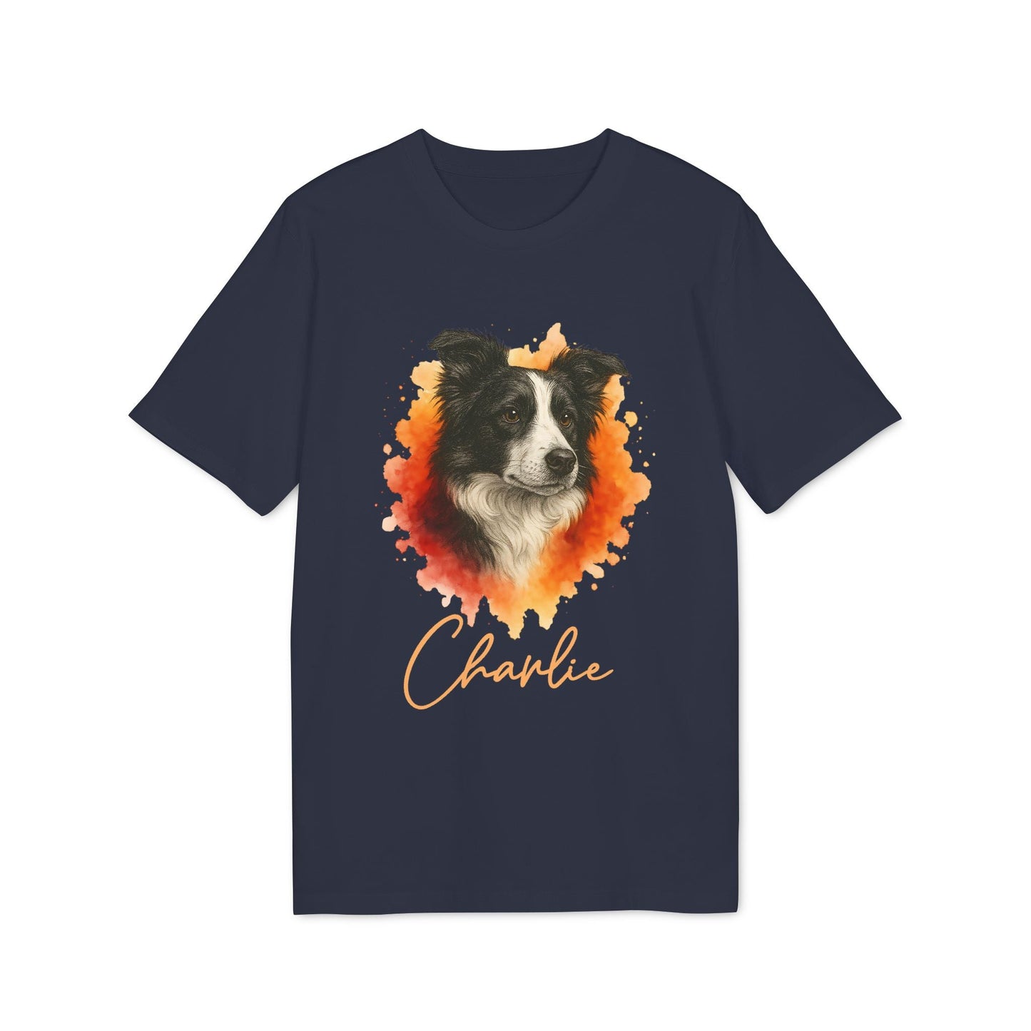 Alt Tag: Border Collie Personalized Dog Premium Unisex T-Shirt navy tee with Border Collie portrait and custom name Charlie