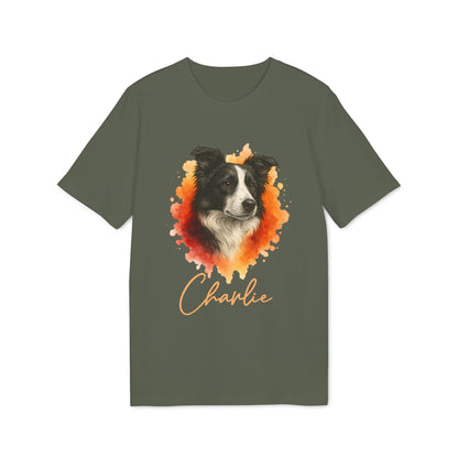 Alt Tag: Border Collie Personalized Dog Premium Unisex T-Shirt verde oliva con ilustración de Border Collie y nombre personalizado “Charlie”