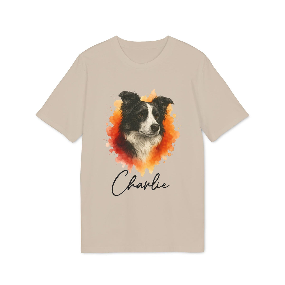 Border Collie Personalized Dog Premium Unisex T-Shirt beige tee with Border Collie portrait and custom name Charlie design