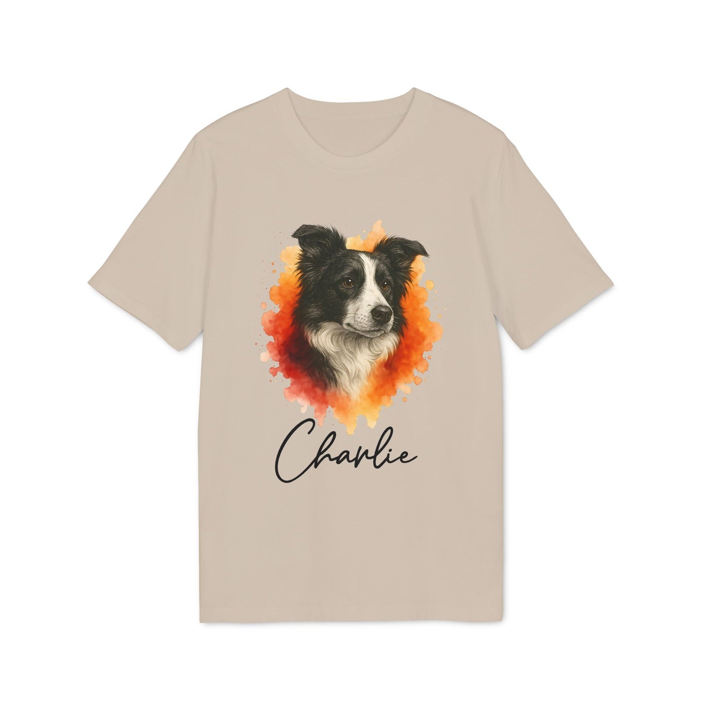 Border Collie Personalized Dog Premium Unisex T-Shirt beige tee with Border Collie portrait and custom name Charlie design