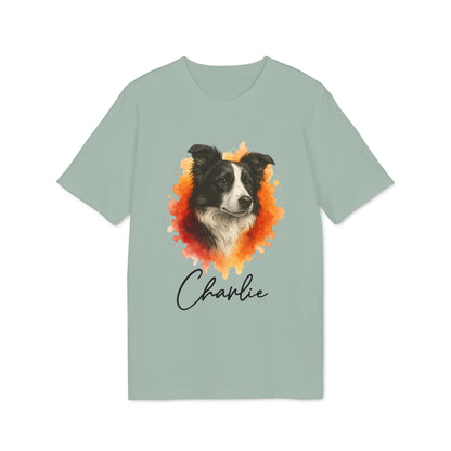Border Collie Personalized Dog Premium Unisex T-Shirt with border collie portrait and custom name Charlie on sage green tee