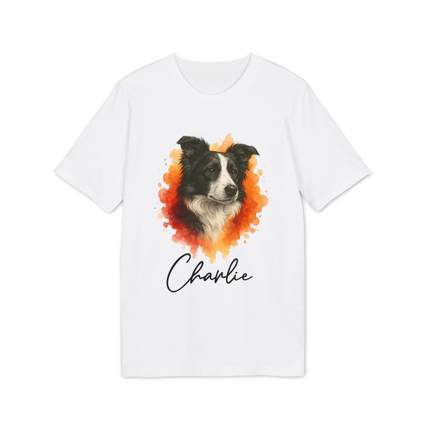 Alt Tag: Border Collie Personalized Dog Premium Unisex T-Shirt, camiseta blanca con retrato de Border Collie y nombre personalizado "Charlie"