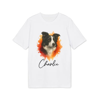 Alt Tag: Border Collie Personalized Dog Premium Unisex T-Shirt, camiseta blanca con retrato de Border Collie y nombre personalizado "Charlie"