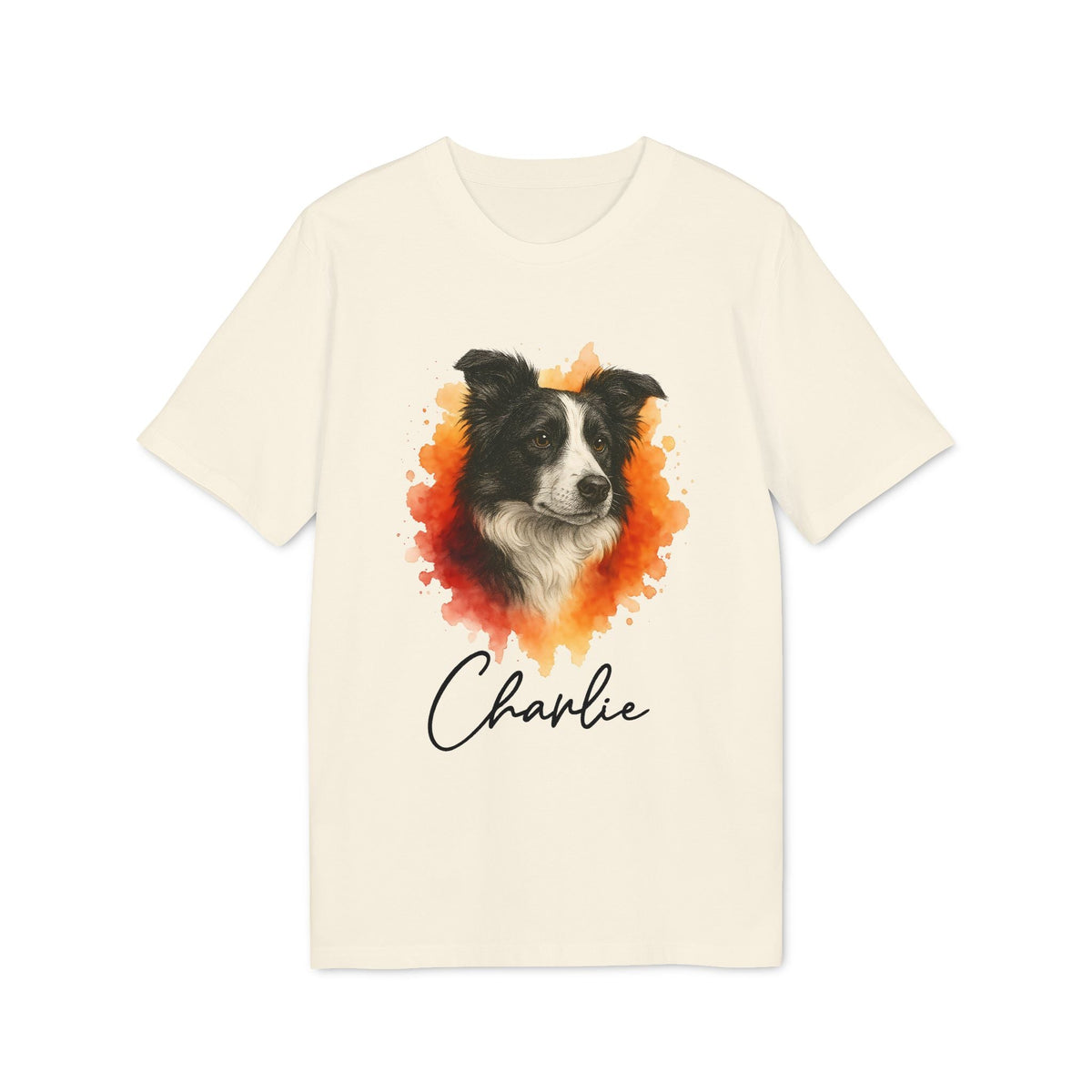 Alt Tag: Border Collie Personalized Dog Premium Unisex T-Shirt color crema con retrato de Border Collie y nombre personalizado 