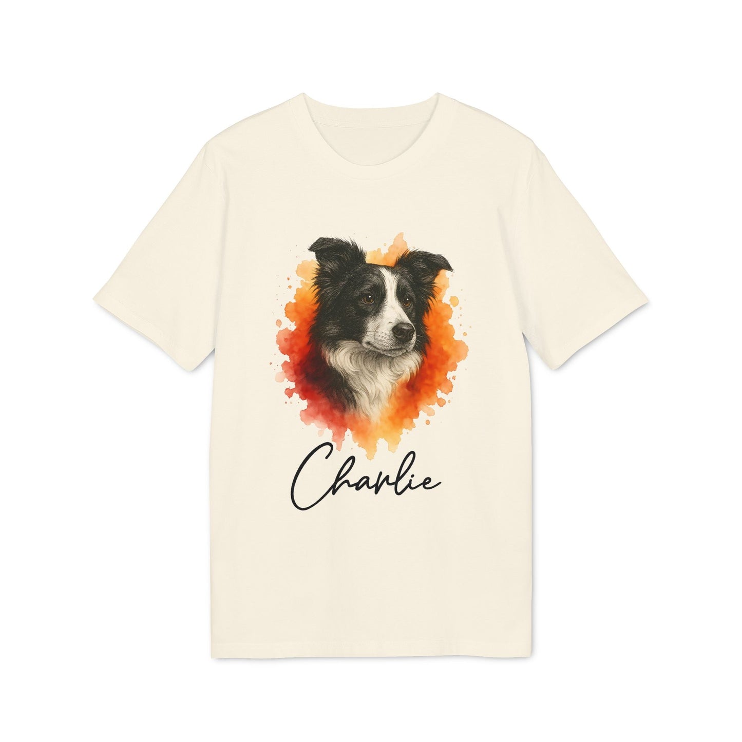 Alt Tag: Border Collie Personalized Dog Premium Unisex T-Shirt color crema con retrato de Border Collie y nombre personalizado "Charlie"