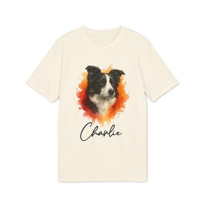Alt Tag: Border Collie Personalized Dog Premium Unisex T-Shirt color crema con retrato de Border Collie y nombre personalizado "Charlie"