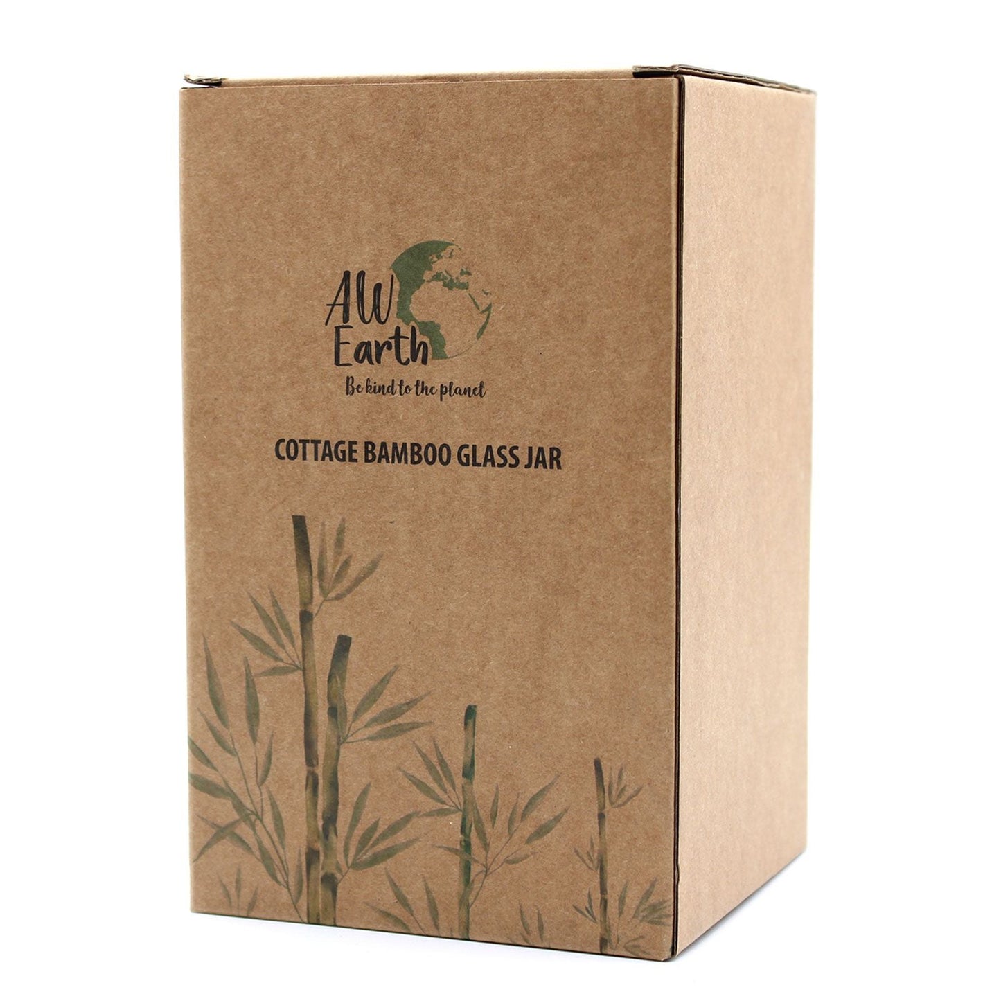 Alt-Tag: Borosilikatglas-Bambusdose – 15CM Verpackungskarton mit All Earth Logo und Bambus-Illustration