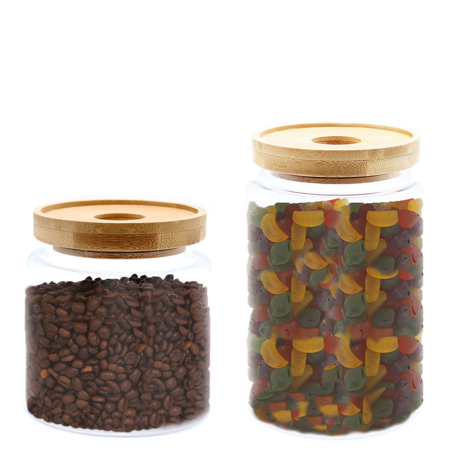 Alt-Tag: Borosilikatglas-Bambus-Behälter – 15CM mit Bambusdeckel, transparente Glas-Aufbewahrungsgläser gefüllt mit Kaffeebohnen und Gummibärchen