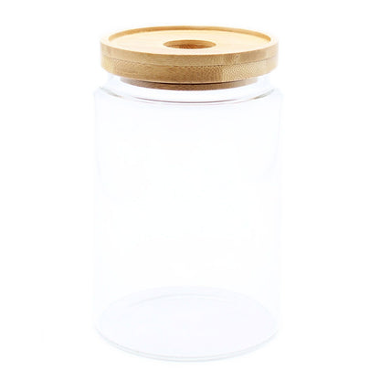 Alt-Tag: Borosilikatglas-Bambusglas – 15CM Aufbewahrungsglas aus klarem Borosilikatglas mit Bambusdeckel, 15 cm Höhe