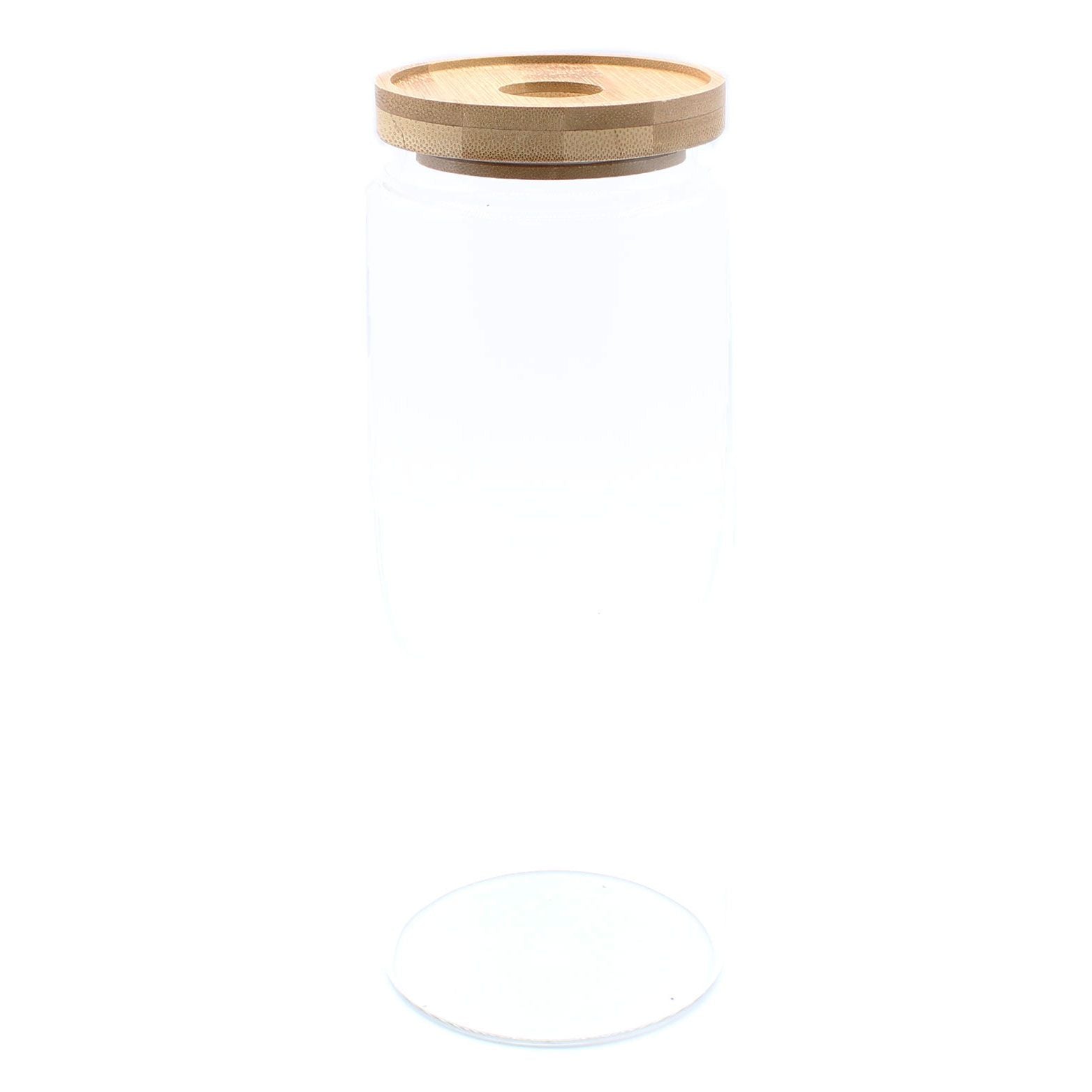 Alt-Tag: Aufbewahrungsglas aus Borosilikat – 25 CM hohes, transparentes Glas mit Bambusdeckel, hoher Vorratsbehälter für die Speisekammer auf weißem Hintergrund