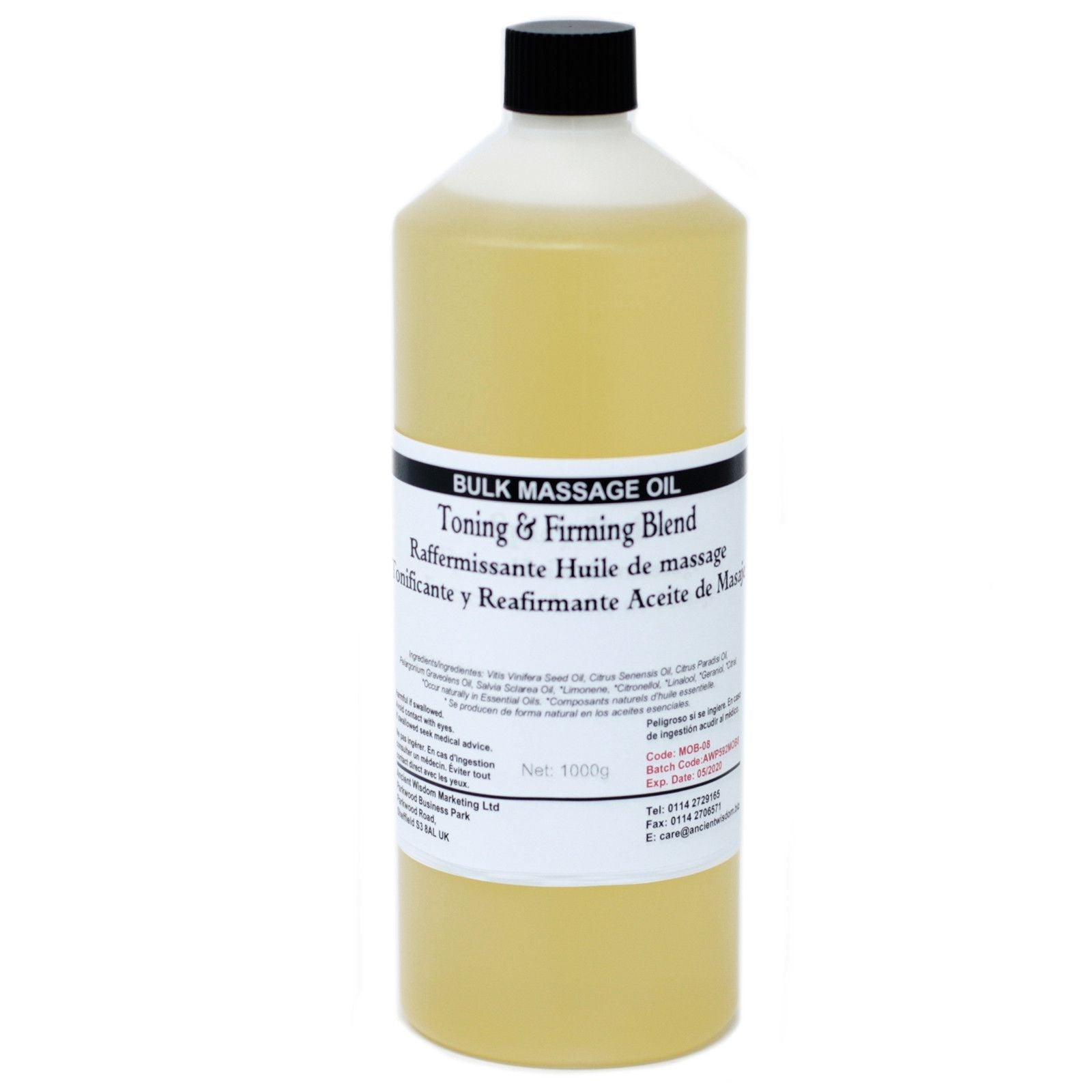 Alt Tag: Botanical Toning & Firming Massage Oil – 1KG botella grande de aceite de masaje con tapa negra, mezcla tonificante y reafirmante