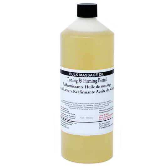 Alt Tag: Botanical Toning & Firming Massage Oil – 1KG botella grande de aceite de masaje con tapa negra, mezcla tonificante y reafirmante