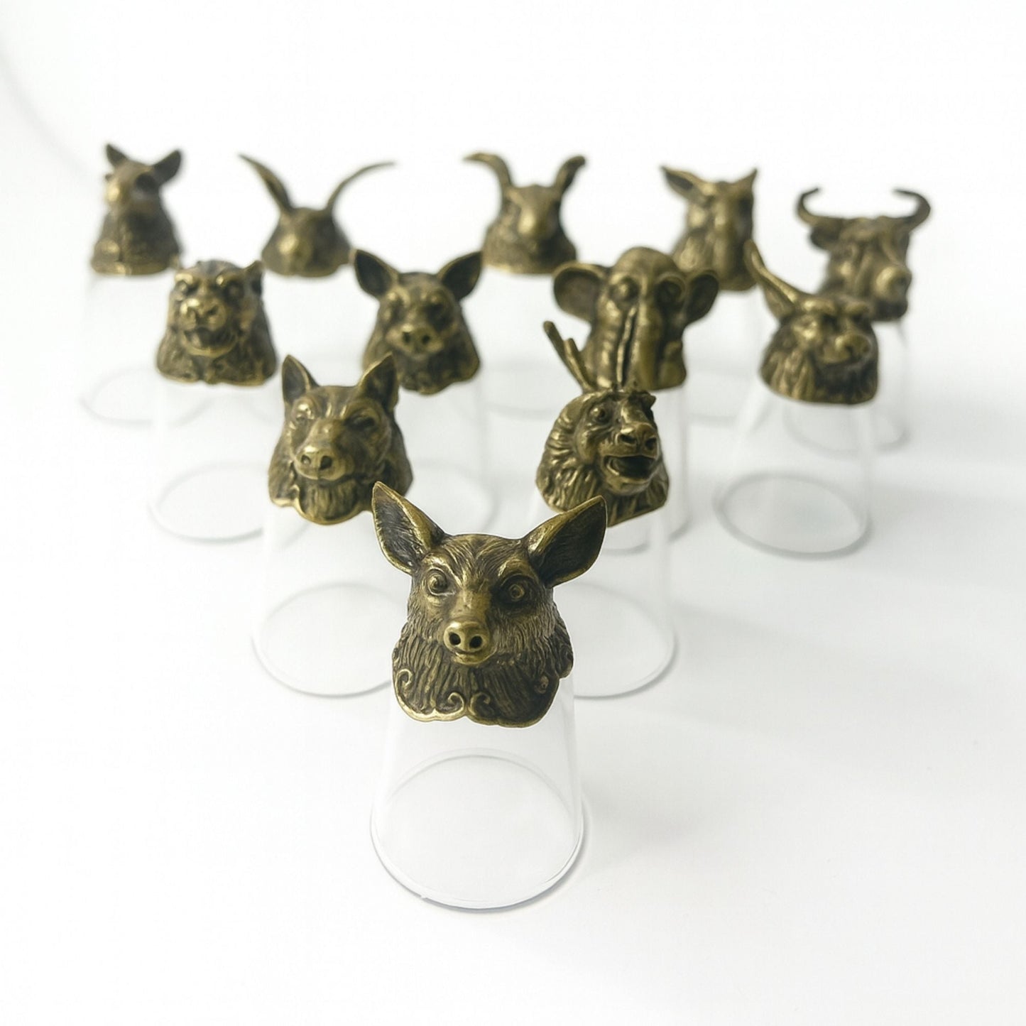 Bottom Up Shot Glasses (25 ML) – Forest & Mystical Creatures – Antique Bronze set with animal head antique bronze holders