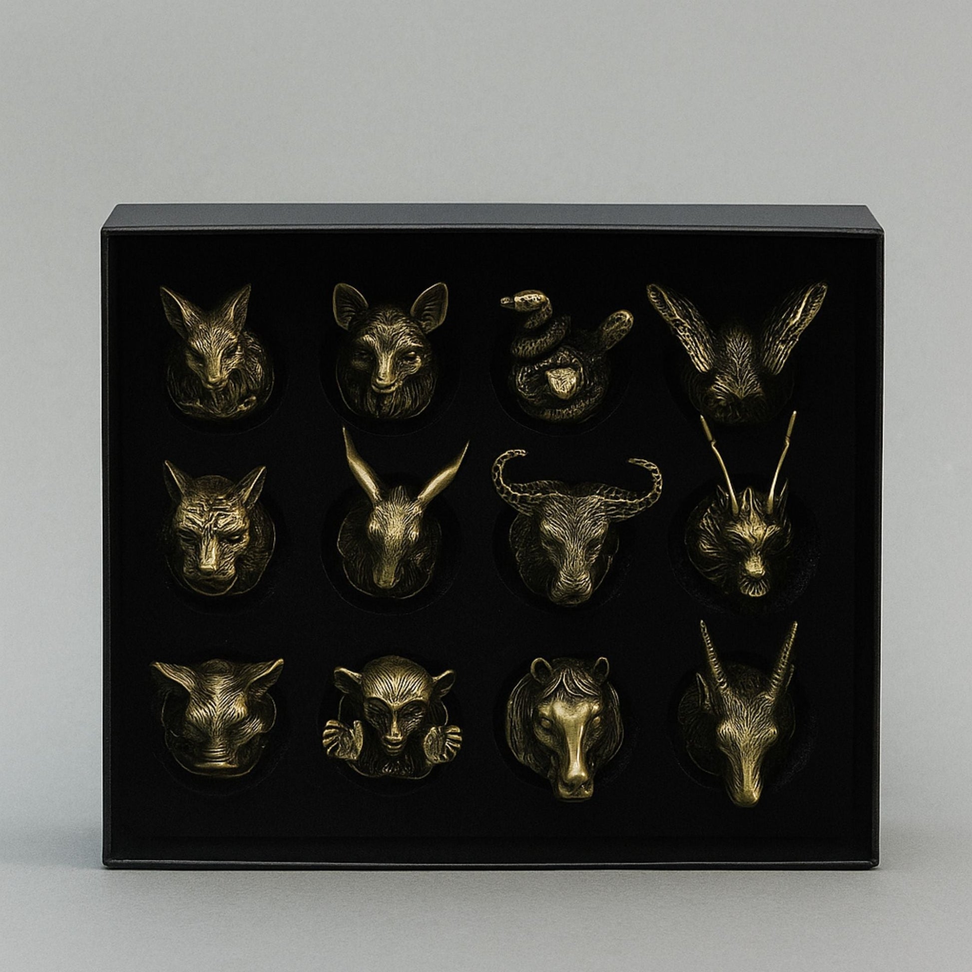 Alt Tag: Bottom Up Shot Glasses (25 ML) – Forest & Mystical Creatures – Antique Bronze set in gift box with antique bronze animal head holders