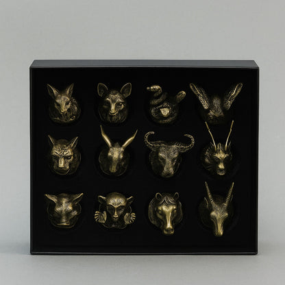 Alt Tag: Bottom Up Shot Glasses (25 ML) – Forest & Mystical Creatures – Antique Bronze set in gift box with antique bronze animal head holders
