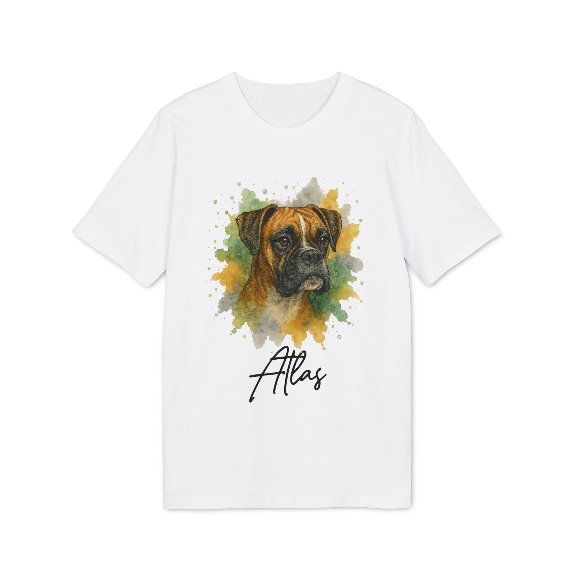 Alt Tag: Boxer Personalized Dog 100% Organic Cotton T-Shirt white tee with watercolor Boxer portrait and custom name “Atlas”