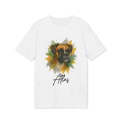 Alt Tag: Boxer Personalized Dog 100% Organic Cotton T-Shirt white tee with watercolor Boxer portrait and custom name “Atlas”