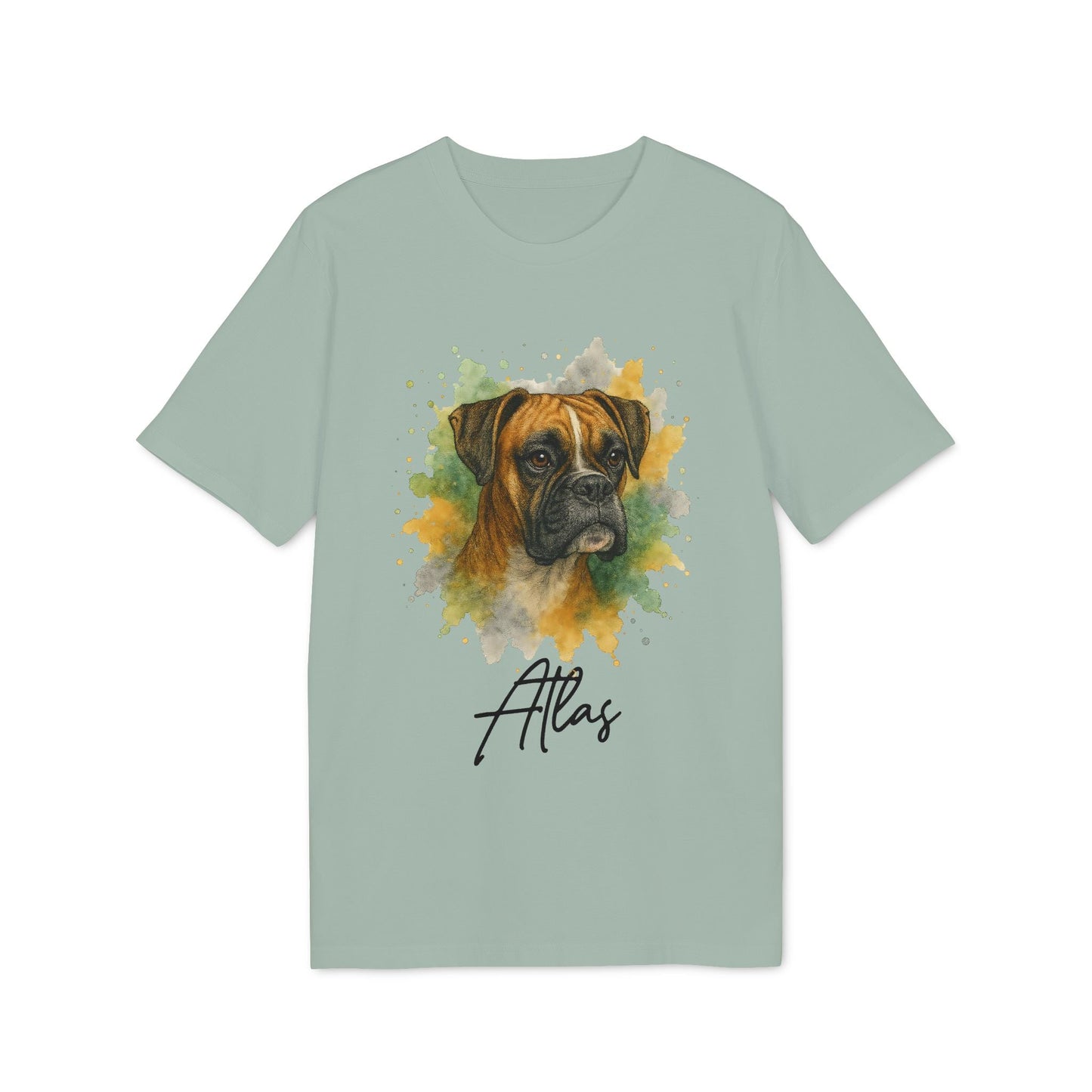 Boxer Personalized Dog 100% Organic Cotton T-Shirt with watercolor boxer portrait and custom name Atlas on sage green tee
