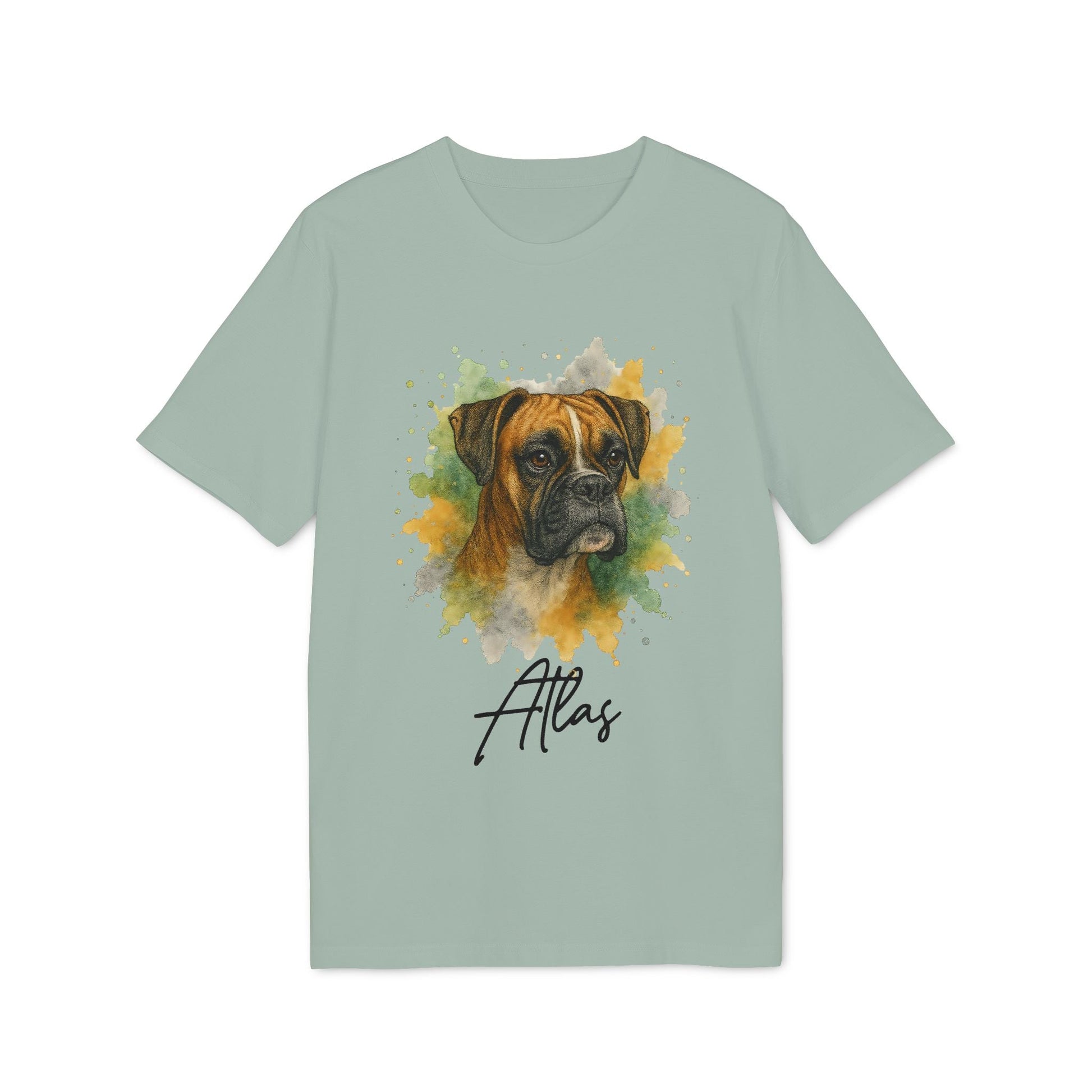 Boxer Personalized Dog 100% Organic Cotton T-Shirt with watercolor boxer portrait and custom name Atlas on sage green tee