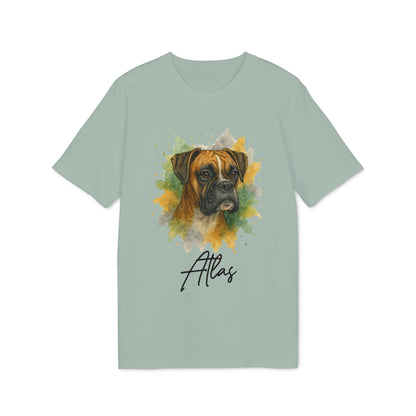 Boxer Personalized Dog 100% Organic Cotton T-Shirt with watercolor boxer portrait and custom name Atlas on sage green tee
